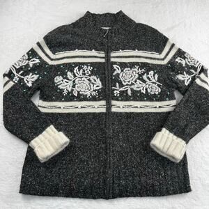 DressBarn Zip Up Sweater Heather Gray Women's sz Large Cotton wool Blend Floral